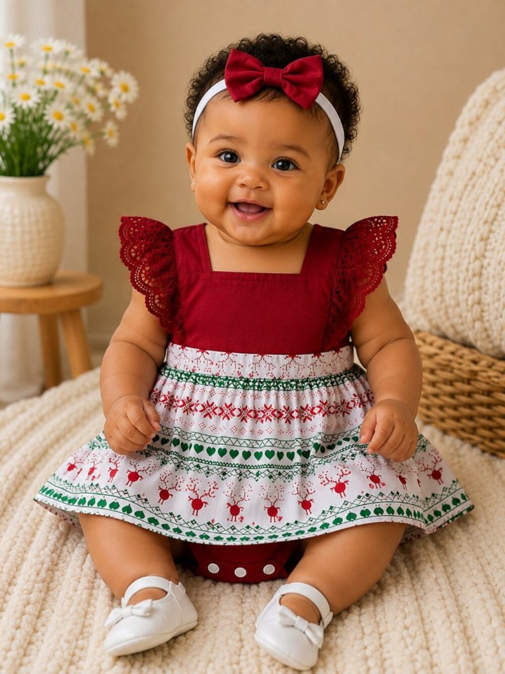 Baby Girl Dress Red Christmas Lace Sleeves Bow Headband Set